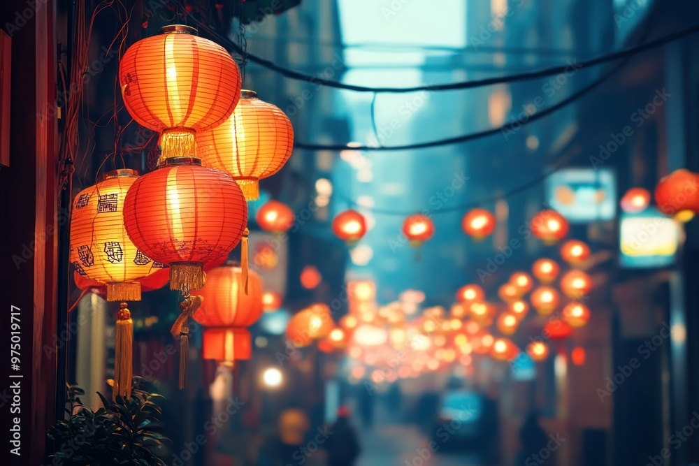 Vibrant Street with Red Lanterns in a Misty Urban Evening Scene Vibrant Street with Red Lanterns in a Misty Urban Evening Scene