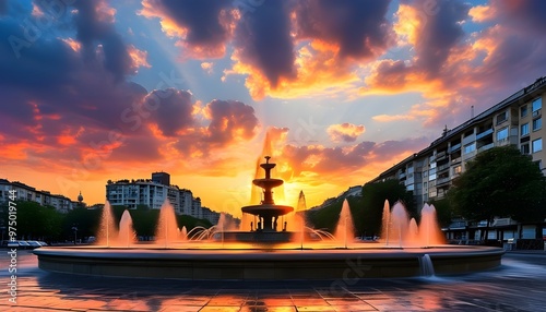 Vibrant Sunset over Bucharests Unirii Square Fountain with Illuminated Sky and Apartments in Background photo