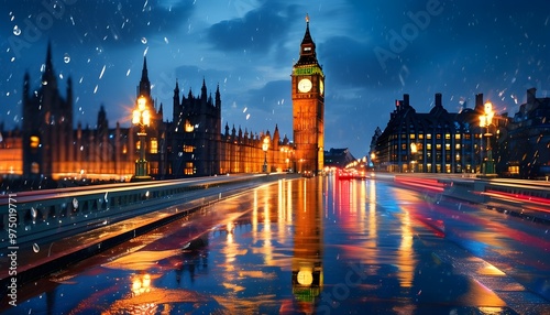 Big Ben Tower Illuminated at Night with Vibrant Reflections on Rain-Drenched London Streets, Showcasing the Citys Dynamic Urban Nightlife