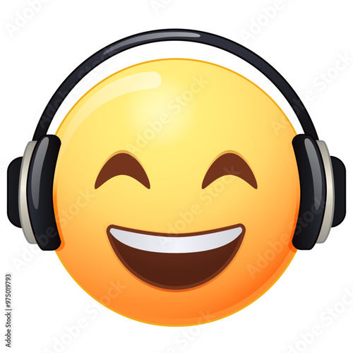 Emoji with headphones listening to music, style cartoon vector. Emoticon in sunglasses on a white background. Cool emoji