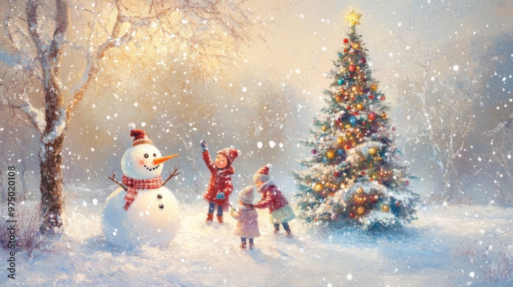 Children Playing in the Snow with a Snowman and Christmas Tree Children Playing in the Snow with a Snowman and Christmas Tree