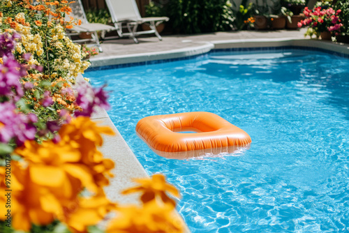 A family swimming pool with a bright, orange air mattress floating near the shallow end. The pool is surrounded by vibrant flowers and cheerful decorations, creating a lively, summer vibe. The water