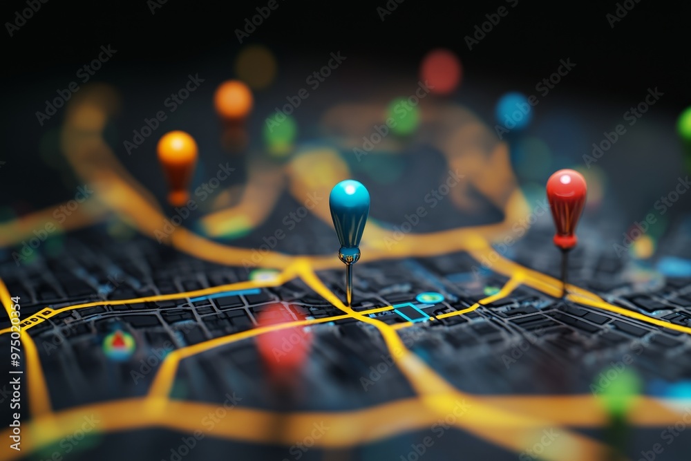 Vibrant 3d map showcasing customer journey with colorful location pins on a dark background Vibrant 3d map showcasing customer journey with colorful location pins on a dark background