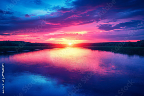 A vibrant sunset over a river where the sky blends from deep magenta near the horizon to a dark, starry blue above. The river_s surface reflects the gradient, with soft ripples adding texture to the c
