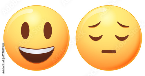Happy and sad emoji vector icon in cartoon style. Face smile icon positive, negative neutral opinion vector signs symbol