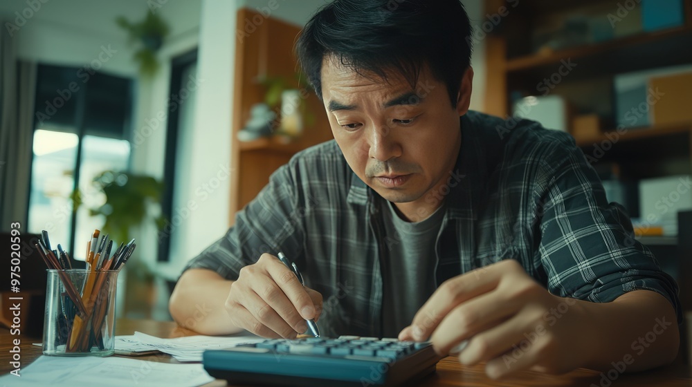 Asian Man Calculating Expenses. AI generated illustration Asian Man Calculating Expenses. AI generated illustration