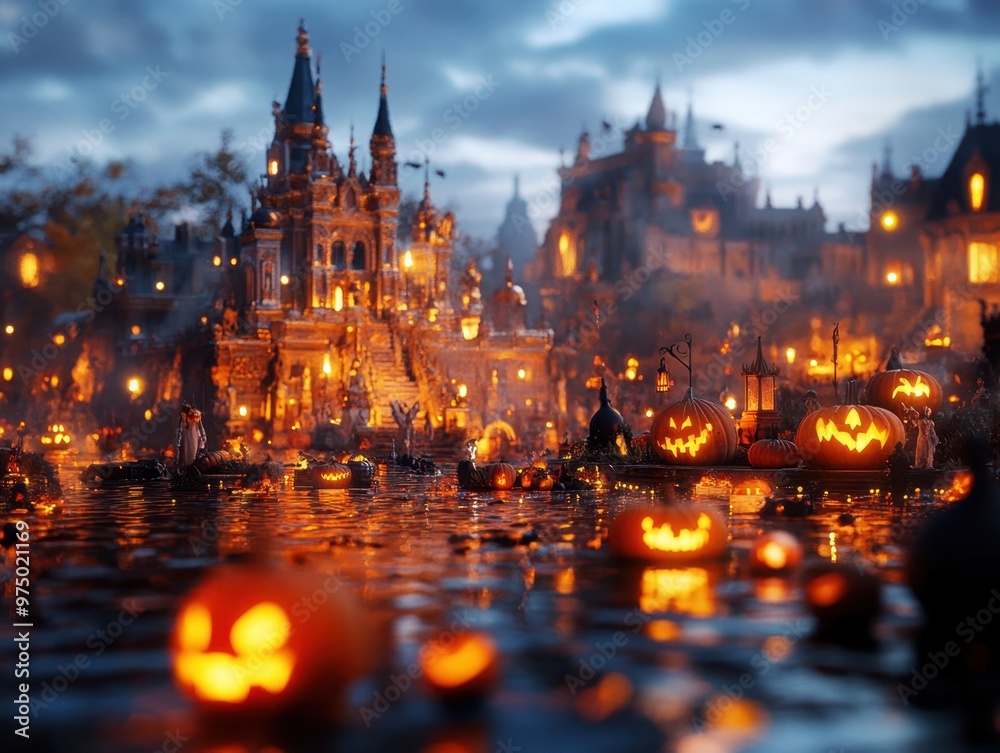 Fototapeta premium Mythological Halloween Haunt: Ghostly Figures, Eerie Temples & Spooky Beasts in Hyper-Realistic Scene