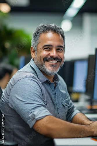 A middle-aged Brazilian male customer support representative cheerfully looking at the camera while working in a dynamic office environment. .jpg