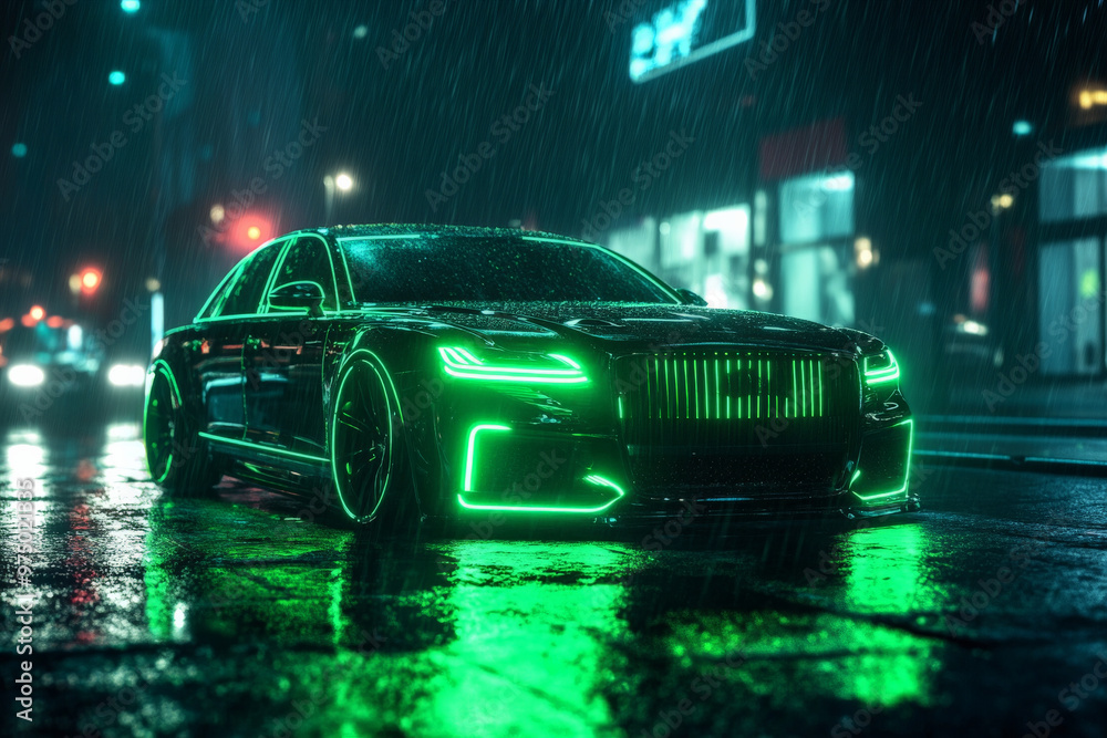 A luxury sedan with dark neon green lights accentuating its grille, headlights, and side mirrors. The car is set against a dark, rainy street, with the neon lights creating a vivid contrast against A luxury sedan with dark neon green lights accentuating its grille, headlights, and side mirrors. The car is set against a dark, rainy street, with the neon lights creating a vivid contrast against