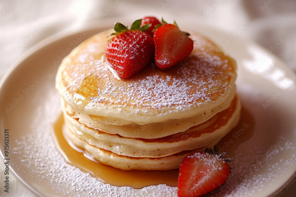 A top view of a stack of fluffy pancakes drenched in maple syrup, adorned with a handful of strawberries and a dusting of powdered sugar. The warm, golden tones contrast with a soft cream