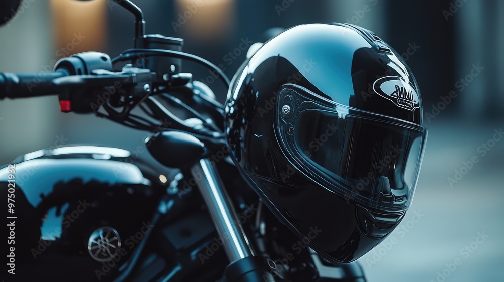Black Motorcycle Helmet on Handlebars. AI generated illustration