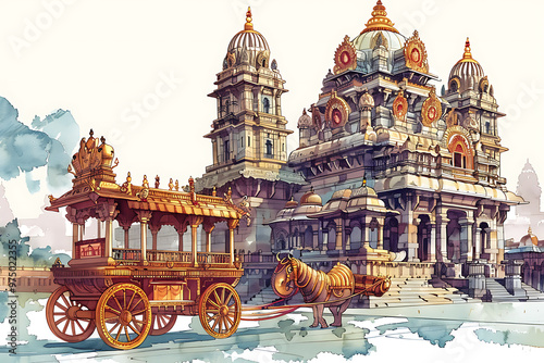  Mandir Ayodhya Consecration Ceremony Greeting Card and Banner Design. Birthplace of Lord Rama with Fireworks and Celebration.