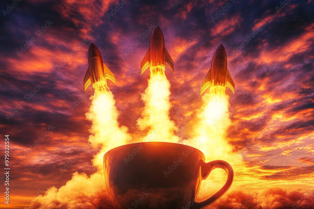 A cup of coffee with rocket boosters attached, launching into the sky with flames and smoke trailing behind. The background is a dramatic sunset, with vibrant oranges and purples highlighting the A cup of coffee with rocket boosters attached, launching into the sky with flames and smoke trailing behind. The background is a dramatic sunset, with vibrant oranges and purples highlighting the