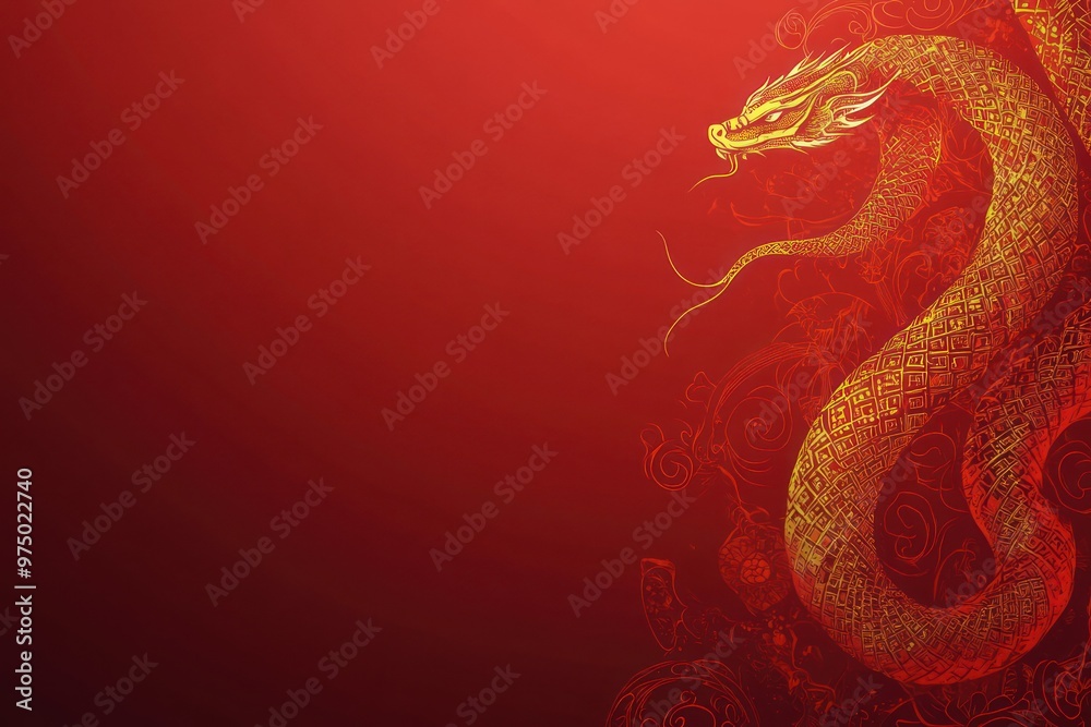 Golden Dragon on Fiery Red Background with Intricate Designs Golden Dragon on Fiery Red Background with Intricate Designs