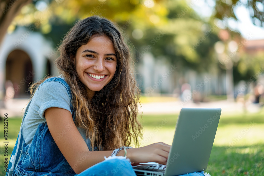 A happy young Brazilian female college student e-learning on her laptop at campus, sitting on a lawn and looking at the camera with a big smile.