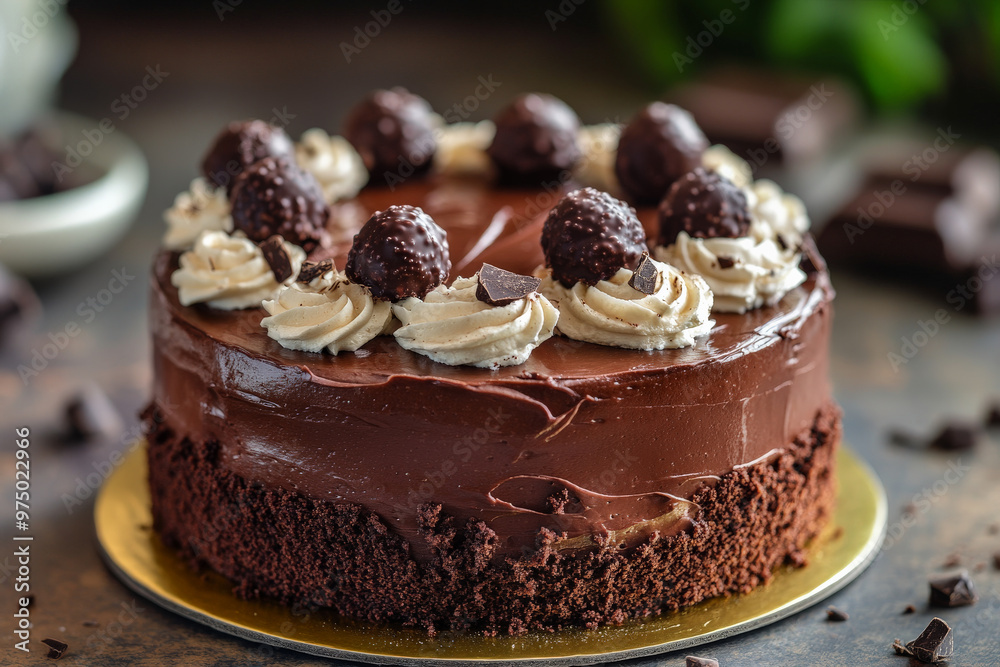 A front view of a decadent chocolate fudge cake, with thick, rich layers of chocolate ganache. The cake is topped with a swirl of whipped cream and a few chocolate truffles, adding a touch of luxury. A front view of a decadent chocolate fudge cake, with thick, rich layers of chocolate ganache. The cake is topped with a swirl of whipped cream and a few chocolate truffles, adding a touch of luxury.