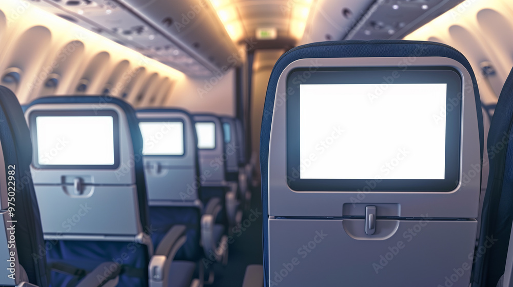 Airplane cabin with blank tablet screens on the seats. Space for text. Airplane cabin with blank tablet screens on the seats. Space for text.
