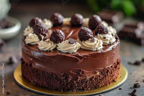 A front view of a decadent chocolate fudge cake, with thick, rich layers of chocolate ganache. The cake is topped with a swirl of whipped cream and a few chocolate truffles, adding a touch of luxury. photo