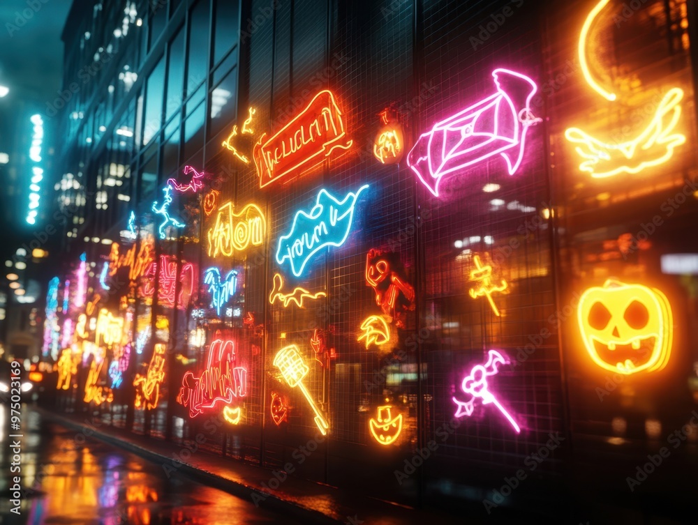 Spooky Neon Halloween: Hyper-Realistic Glowing Ghouls and Eerie Signs on Sinister Streets Spooky Neon Halloween: Hyper-Realistic Glowing Ghouls and Eerie Signs on Sinister Streets