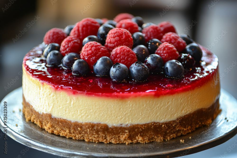 A front view of a rich cheesecake with a golden graham cracker crust. The cake is topped with a vibrant berry compote, with fresh blueberries and raspberries adding a burst of color and flavor.