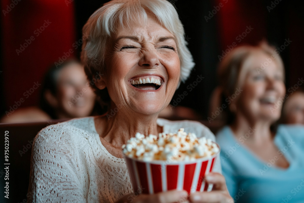 A Caucasian senior woman, cheerful and lively, munching on popcorn while watching a comedy in the cinema. Her laughter is contagious as she enjoys the movie. A Caucasian senior woman, cheerful and lively, munching on popcorn while watching a comedy in the cinema. Her laughter is contagious as she enjoys the movie.