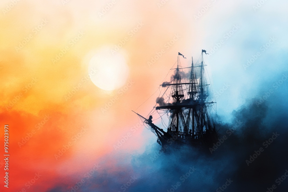 Ghostly Crew Aboard Haunted Pirate Ship in Eerie Moonlit Night - Watercolor Illustration of Spooky Nautical Scene Ghostly Crew Aboard Haunted Pirate Ship in Eerie Moonlit Night - Watercolor Illustration of Spooky Nautical Scene