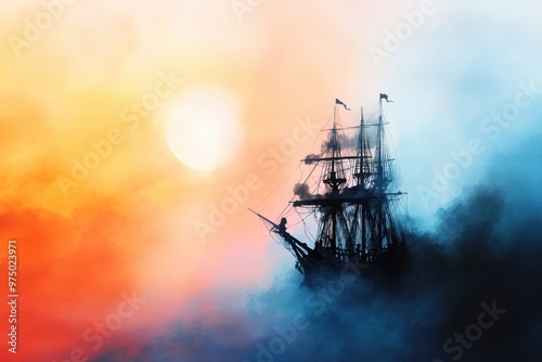 Ghostly Crew Aboard Haunted Pirate Ship in Eerie Moonlit Night - Watercolor Illustration of Spooky Nautical Scene