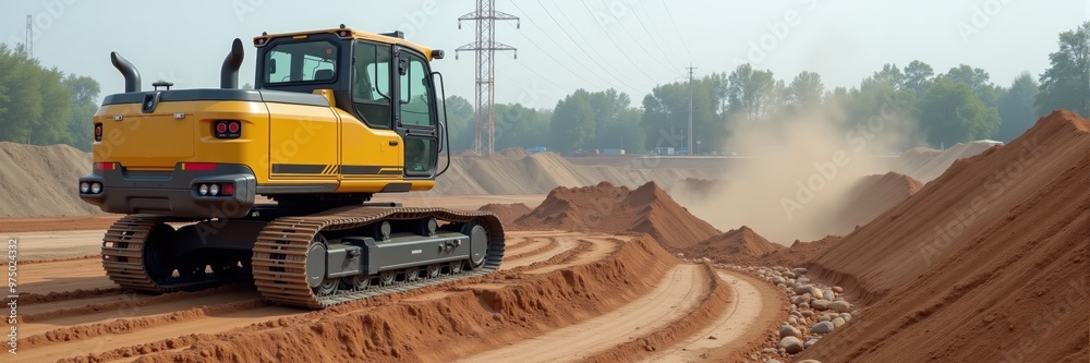 A powerful yellow bulldozer working on a construction site, moving earth and creating paths in a dusty environment. A powerful yellow bulldozer working on a construction site, moving earth and creating paths in a dusty environment.