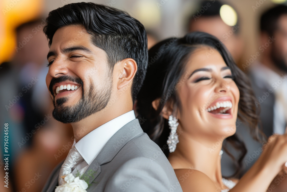 A joyful Hispanic bride and groom dancing together at their wedding reception, surrounded by friends and family, both smiling with happiness.