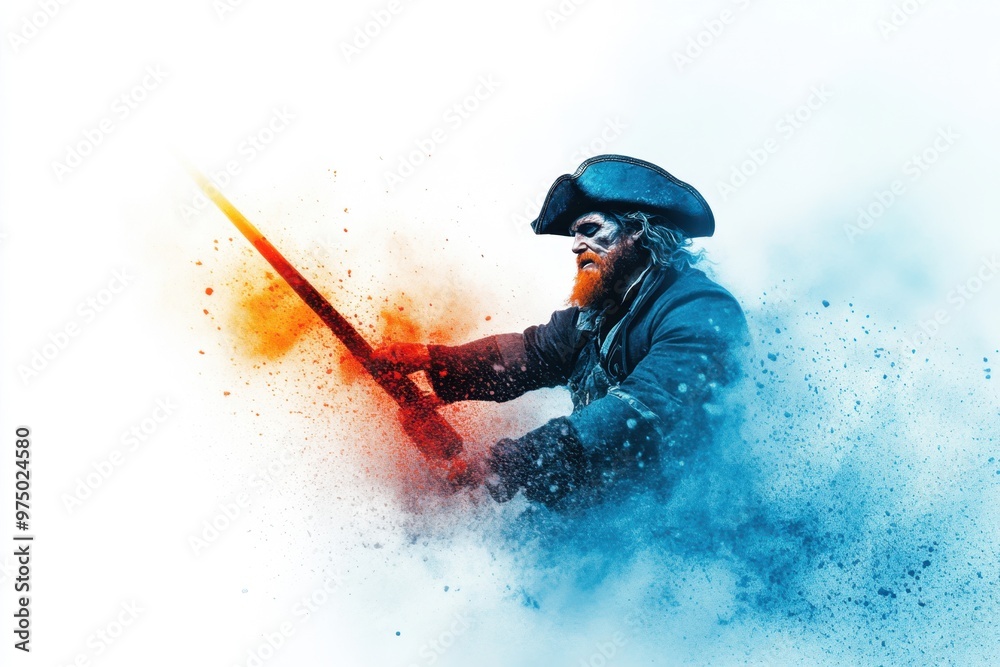 Fototapeta premium Haunting Pirate Captain Navigating Stormy Seas in Watercolor Style