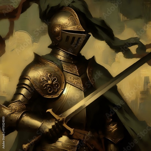 Isolated knight in medieval armor, wielding a sword, stands ready for battle