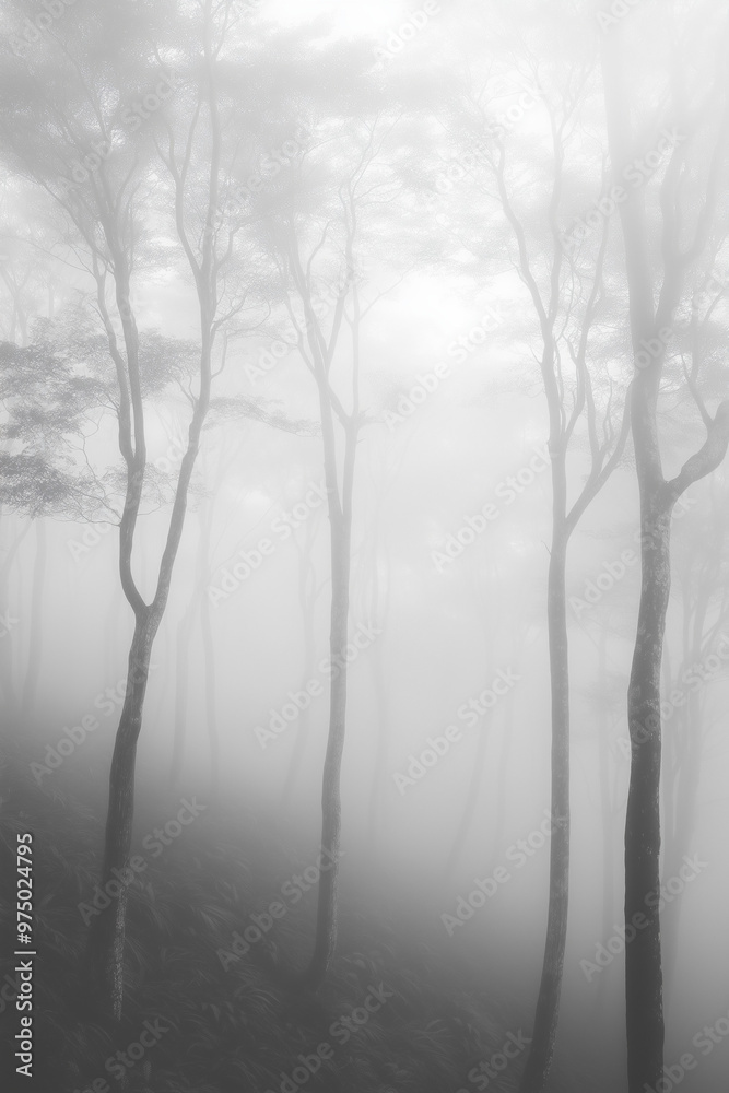 Misty morning in the forest in autumn. Black and white.