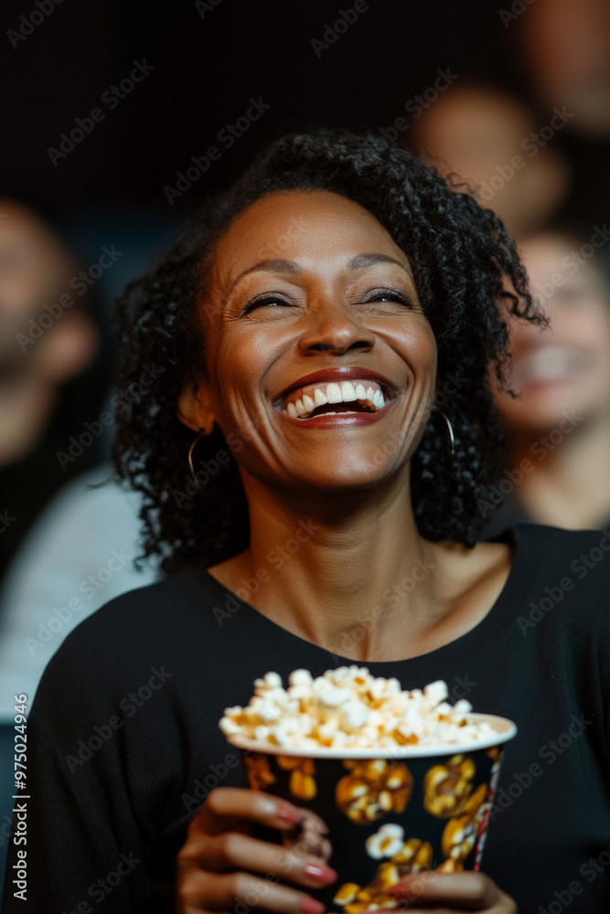 A happy Black middle-aged woman, relaxed and cheerful, eating popcorn while watching a comedy movie in the cinema. Her laughter and joy are evident as she enjoys the film. A happy Black middle-aged woman, relaxed and cheerful, eating popcorn while watching a comedy movie in the cinema. Her laughter and joy are evident as she enjoys the film.
