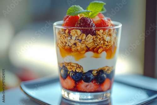 A detailed shot of a layered fruit parfait, showcasing the vibrant layers of yogurt, granola, and fresh berries. The parfait is served in a clear glass, with a drizzle of honey and a sprig of fresh