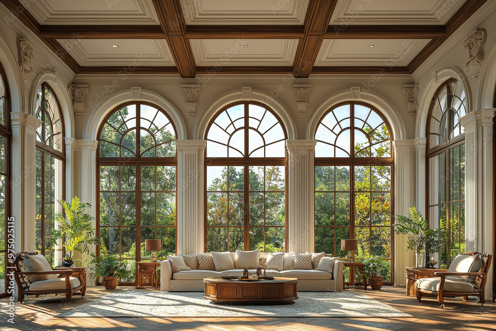 Fototapeta premium A sunroom styled as a royal observatory, with large windows and telescope, showcasing views of the surrounding kingdom. Concept of leisure.
