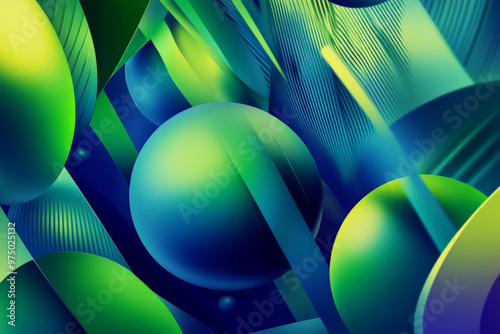 A modern abstract background with bold, bright gradients of green and blue. The scene features _D geometric shapes such as toruses and ellipsoids, with sharp edges and reflective surfaces creating a f photo