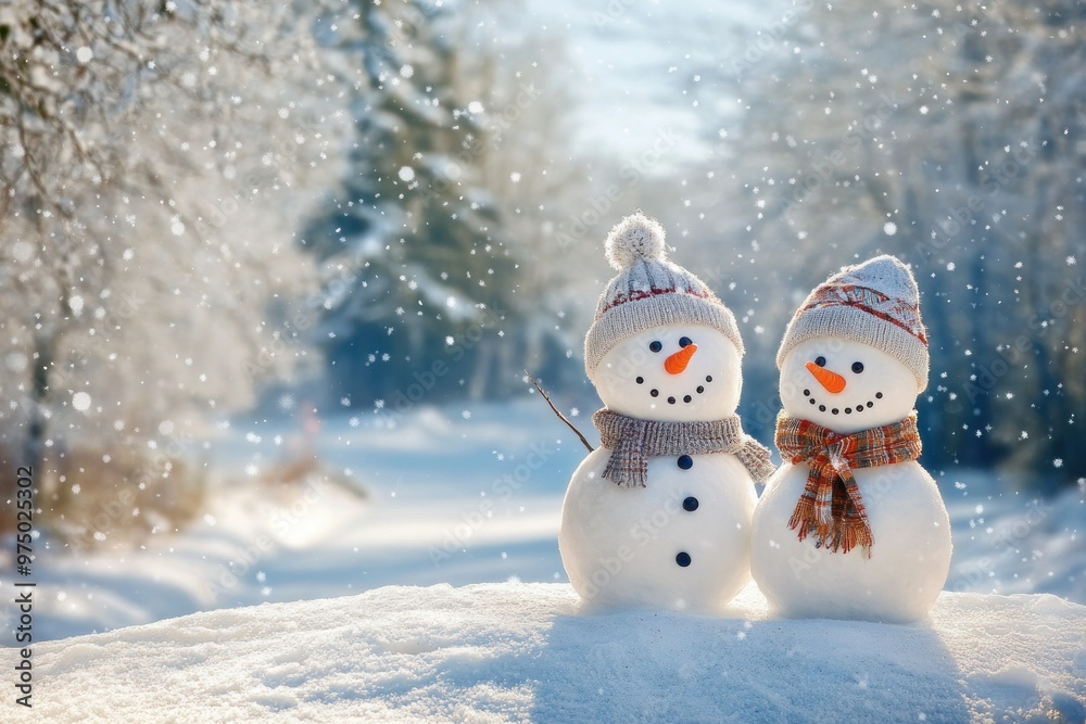 Cheerful Snowman Duo in Winter Wonderland with Snowfall Cheerful Snowman Duo in Winter Wonderland with Snowfall