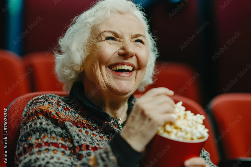A Caucasian senior woman, cheerful and lively, munching on popcorn while watching a comedy in the cinema. Her laughter is contagious as she enjoys the movie.