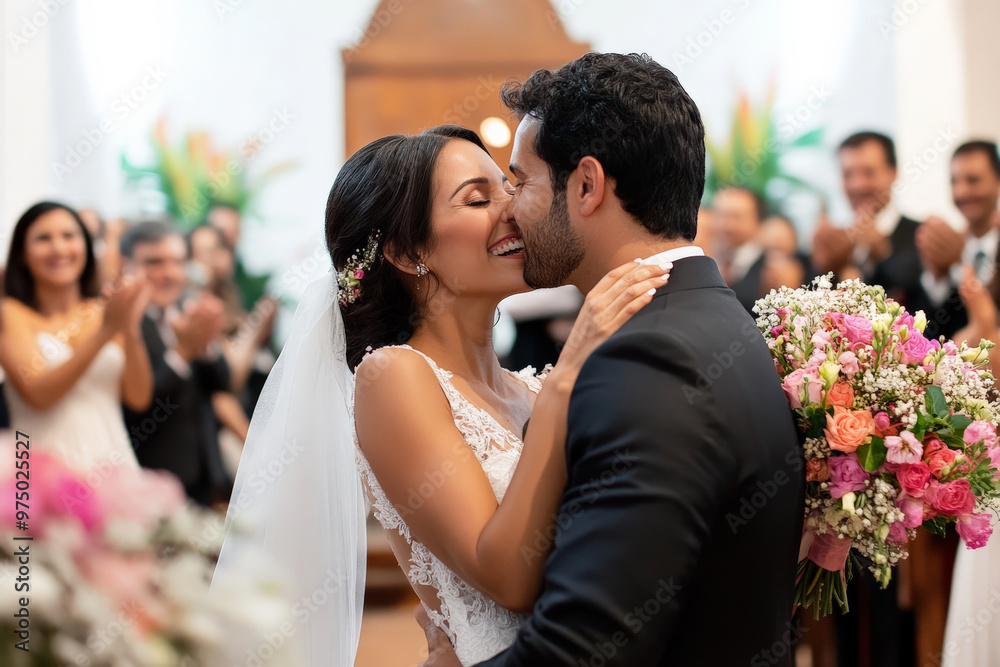 A joyful Brazilian bride and groom kissing at the altar during their wedding ceremony, with guests clapping in the background, both smiling brightly.