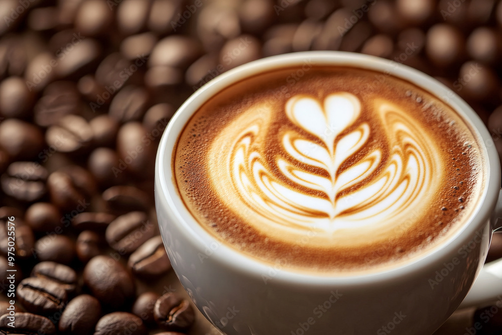 A close-up of a coffee cup with a creamy latte, showing intricate latte art on top. The cup is surrounded by a circle of perfectly roasted coffee beans, with a rich brown background enhancing the warm
