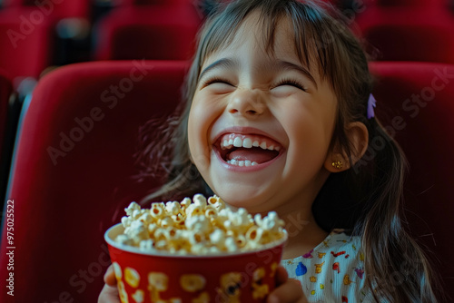 A Hispanic preschooler girl, joyful and innocent, munching on popcorn while watching a comedy movie in a cinema. Her laughter lights up the theater. photo