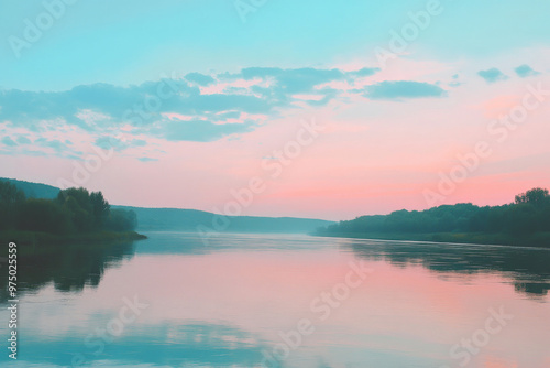 A dreamy river scene at dawn with a gradient sky transitioning from soft, warm pinks at the horizon to a cool, serene blue above. The river is calm, reflecting the delicate colors of the gradient sky.