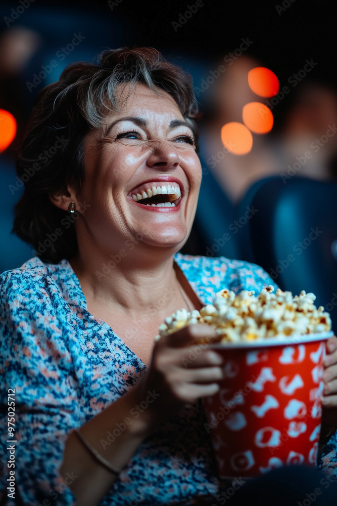 A Caucasian middle-aged woman, full of joy, eating popcorn while enjoying a comedy movie in a cinema. Her laughter and bright smile are highlighted by the screen`s glow. A Caucasian middle-aged woman, full of joy, eating popcorn while enjoying a comedy movie in a cinema. Her laughter and bright smile are highlighted by the screen`s glow.