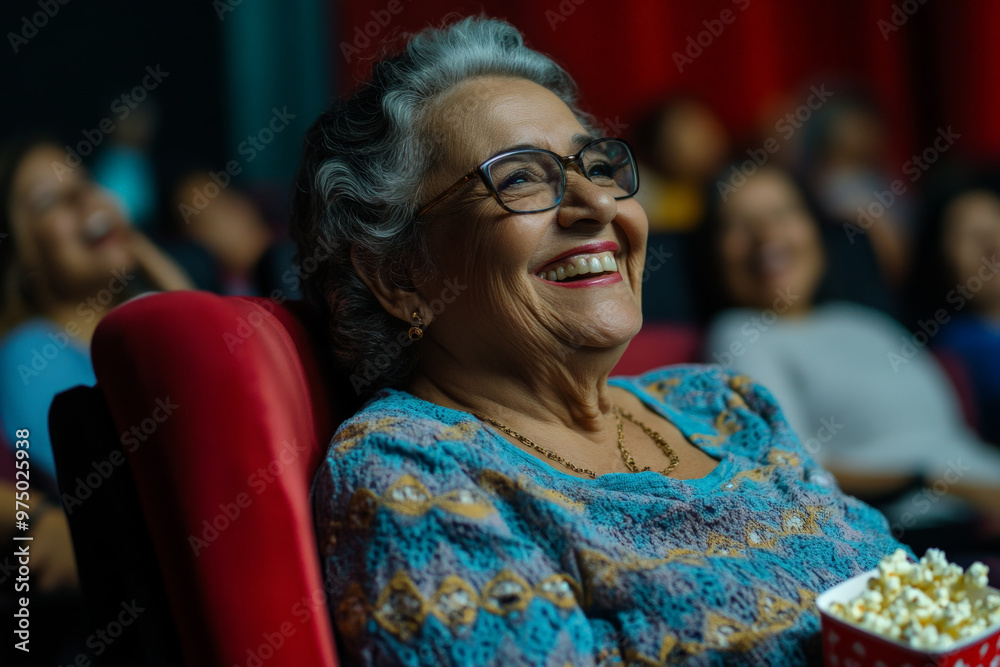 A Brazilian senior woman, cheerful and engaged, eating popcorn in a cinema while watching a hilarious scene in a comedy movie. Her laughter fills the air as she enjoys the moment.