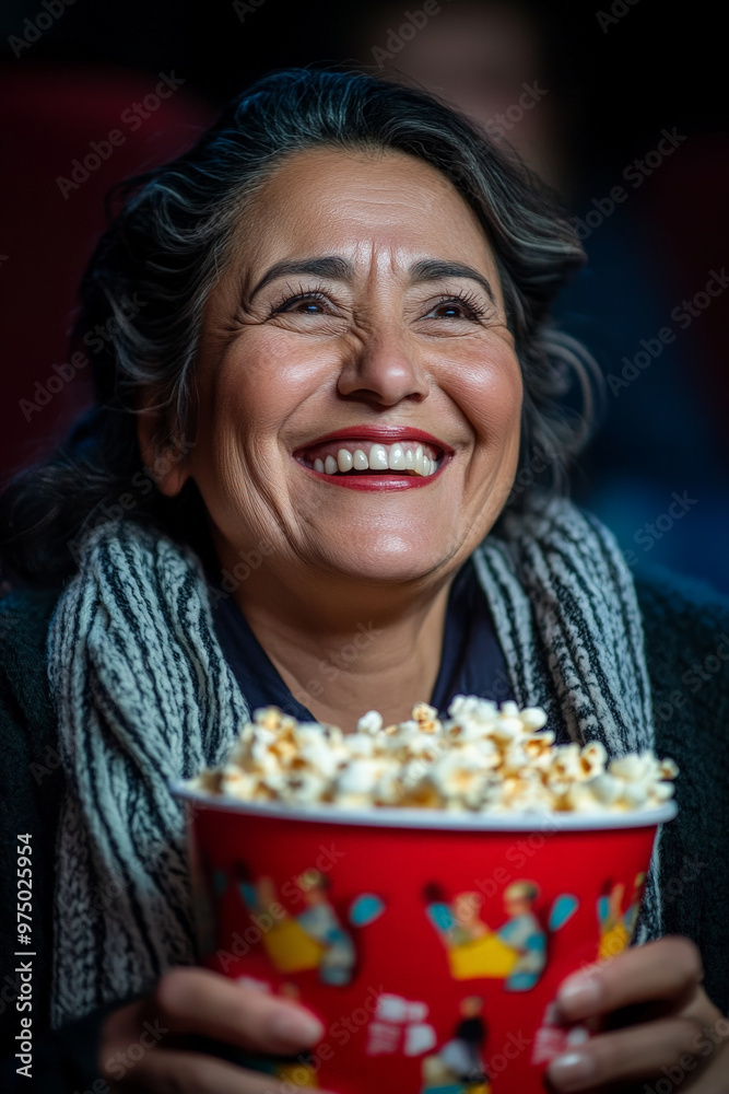 A Hispanic middle-aged woman, full of energy and joy, enjoying a bucket of popcorn while laughing at a comedy movie in a cinema. Her bright smile shines in the theater`s low light. A Hispanic middle-aged woman, full of energy and joy, enjoying a bucket of popcorn while laughing at a comedy movie in a cinema. Her bright smile shines in the theater`s low light.