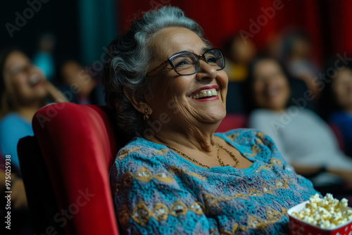 Obraz na płótnie A Brazilian senior woman, cheerful and engaged, eating popcorn in a cinema while watching a hilarious scene in a comedy movie. Her laughter fills the air as she enjoys the moment. w salonie