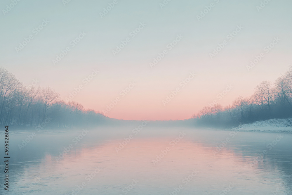 Fototapeta premium A dreamy river scene at dawn with a gradient sky transitioning from soft, warm pinks at the horizon to a cool, serene blue above. The river is calm, reflecting the delicate colors of the gradient sky.