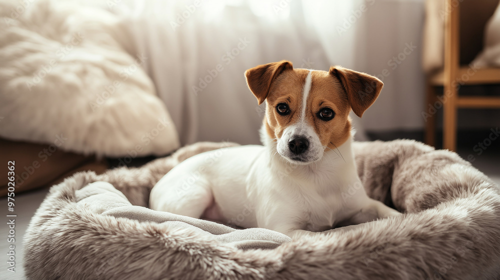 Obraz premium Cute Jack Russell Terrier sitting in a soft and fluffy pet bed in a cozy home setting. Comfortable and inviting environment for a small dog.