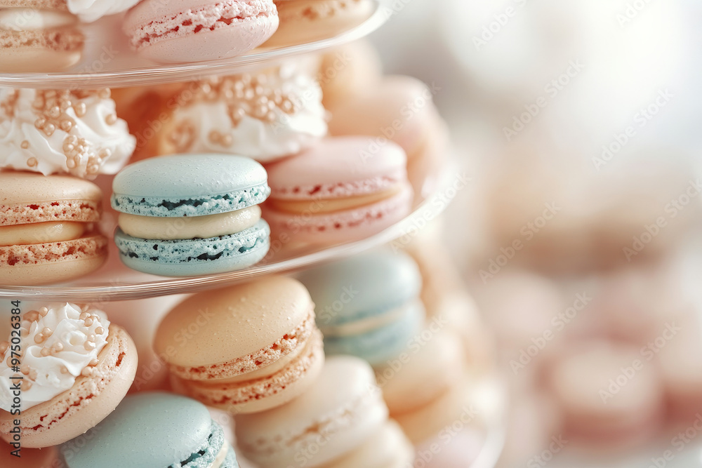 Fototapeta premium A close-up of a delicate macaron tower, showcasing an assortment of pastel-colored macarons filled with smooth buttercream. The texture of the crispy shell contrasts beautifully with the creamy