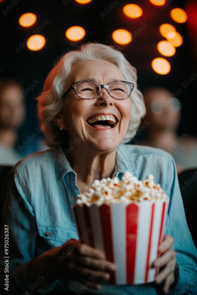 A Caucasian senior woman, full of joy, eating popcorn while enjoying a comedy movie in a cinema. Her laughter and bright smile are highlighted by the screen`s glow. A Caucasian senior woman, full of joy, eating popcorn while enjoying a comedy movie in a cinema. Her laughter and bright smile are highlighted by the screen`s glow.